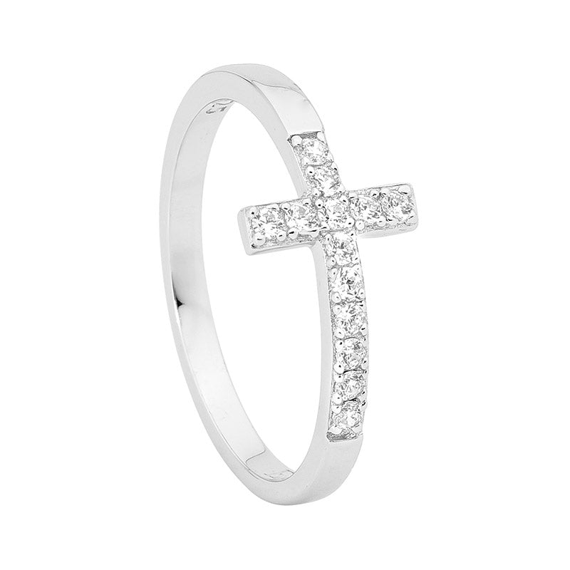 Sterling Silver White Cubic Zirconia Cross Ring