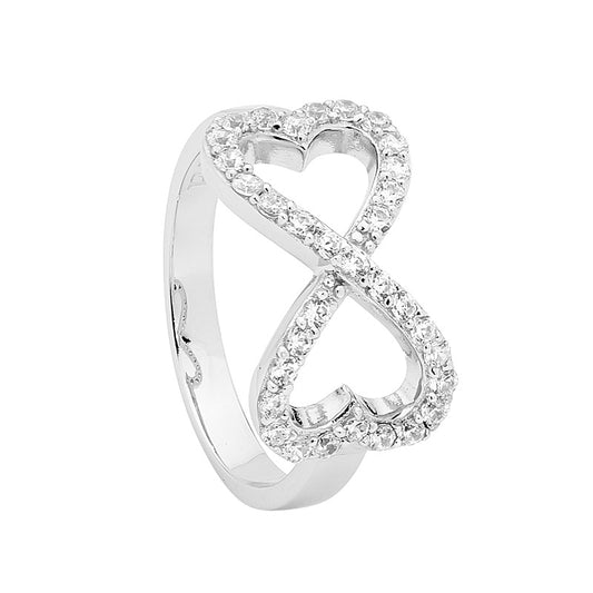 Sterling Silver White Cubic Zirconia Double Heart Infinity Ring