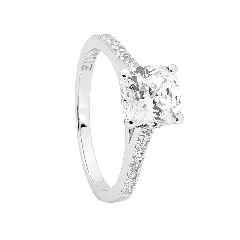 Sterling Silver Cushion Cut White Cubic Zirconia With White Cz On Sholders