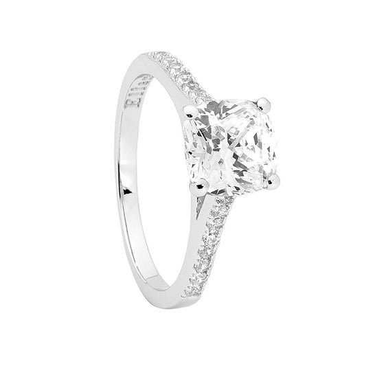 Sterling Silver Cushion Cut White Cubic Zirconia With White Cz On Sholders