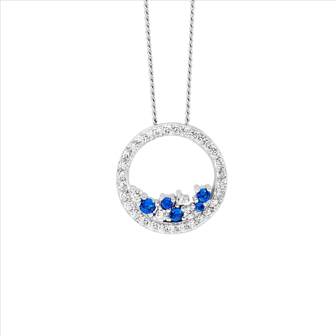 Sterling Silver Open Circle Pendant with Scattered Blue and White Cubic Zirconia