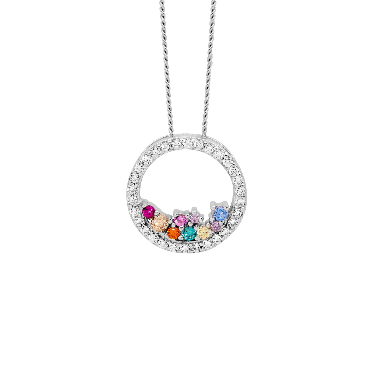 Open Circle Pendant with Scattered Multi Coloured Cubic Zirconia