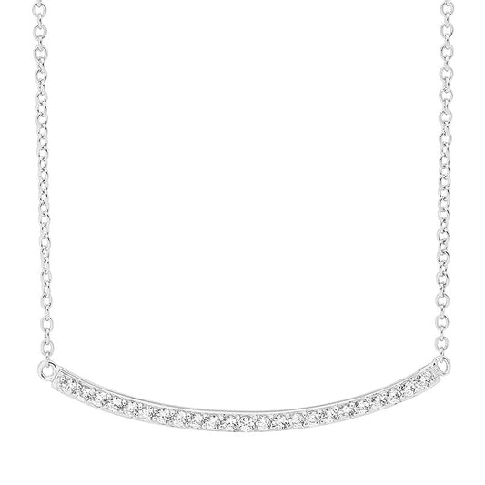 Sterling Silver Single Row White Cubiczirconia Curved Bar Necklace W/ Ext Chain