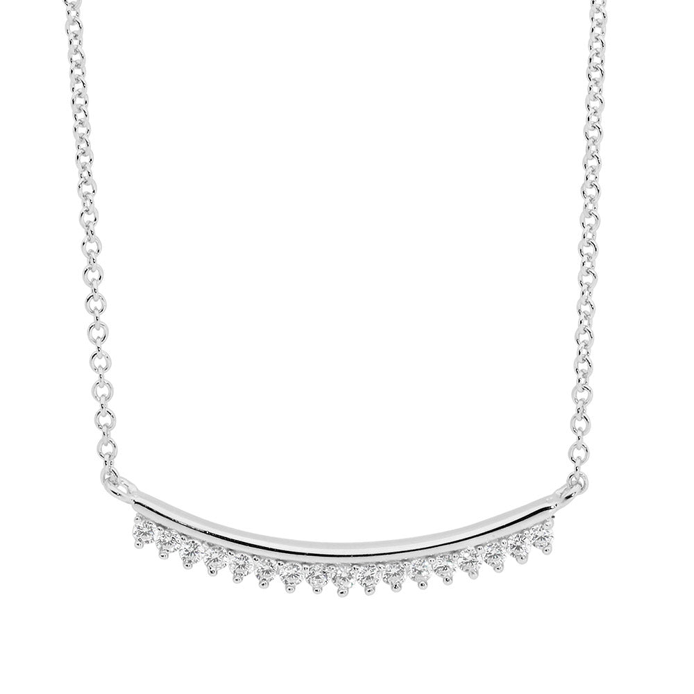 Sterling Silver 25Mm Curved Bar Claw Set White Cubic Zirconia Necklace 42 Cm With Ext 5Cm