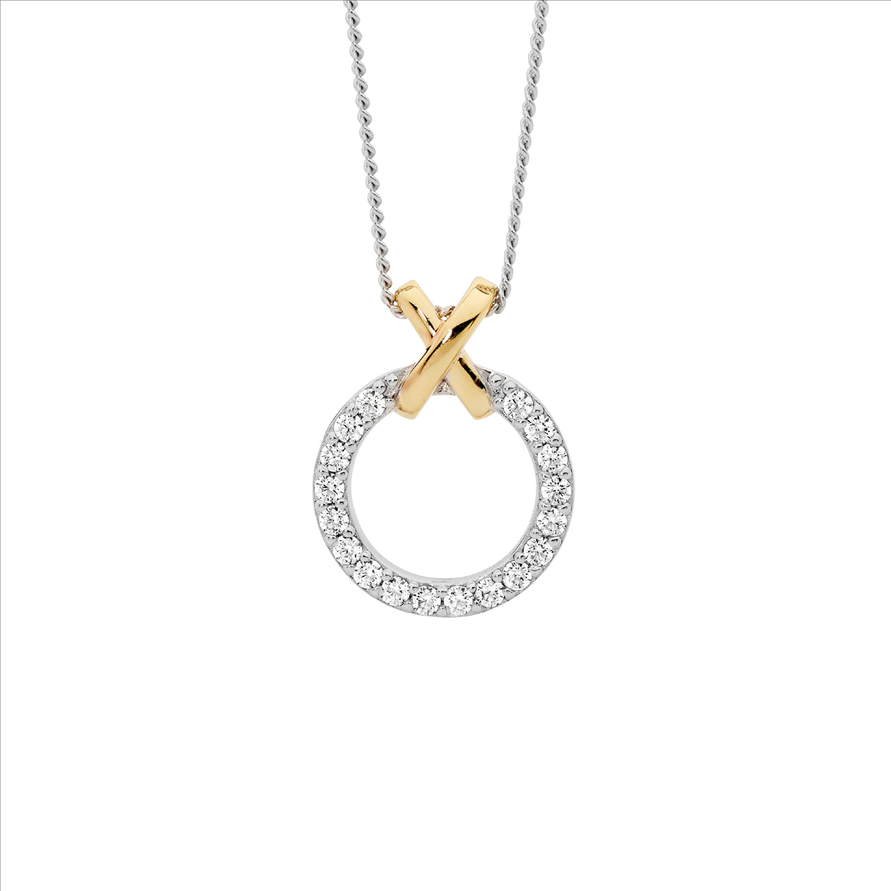 Sterling Silver Cubic Zirconia 13Mm Circle With Gold Plated Pendant