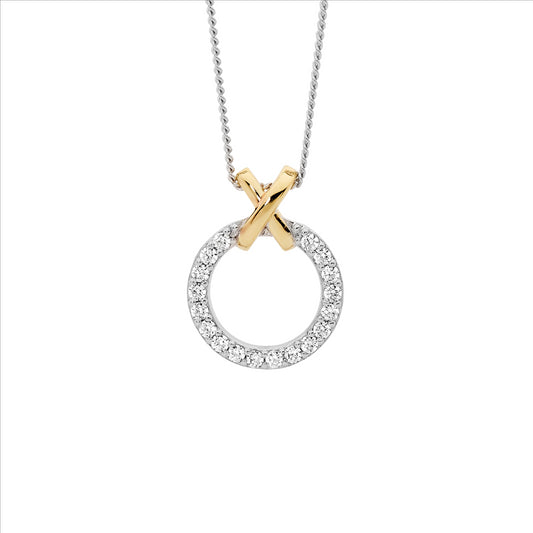 Sterling Silver Cubic Zirconia 13Mm Circle With Gold Plated Pendant