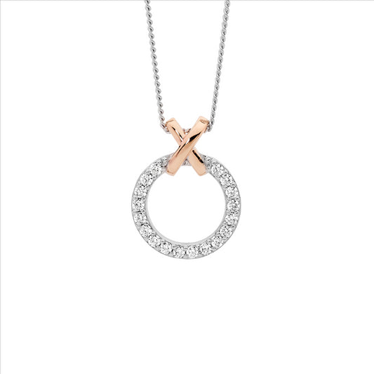 Sterling Silver Cubic Zirconia 13Mm Circle With Rose Gold Plated Pendant