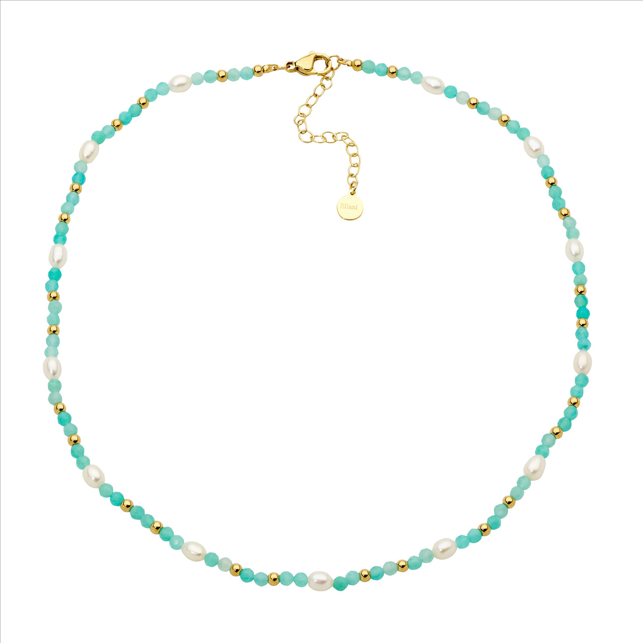 Stainless Steel Amazonite And Freshwater Pearl 40Cm Necklace With Gold Ip Plating