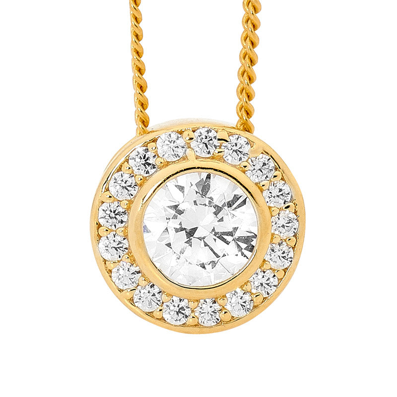 Sterling Silver Gold Plate Round White Cubic Zirconia Pendant