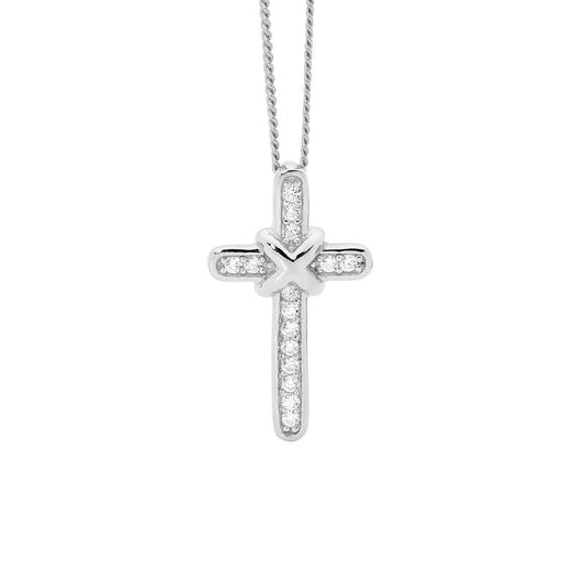 Sterling Silver White Cubic Zirconia Cross Pendant With Cross Over FeatureS