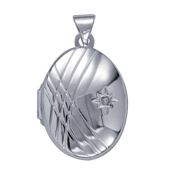 Sterling Silver 19X15mm Cubic Zirconia Oval Locket With Criss Cross Pattern