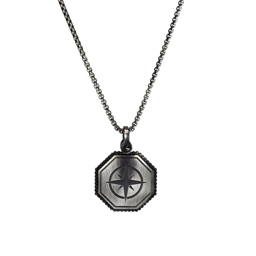 Blaze Stainless Steel Mens Compass Rose Pendant Necklace In Antique Finish