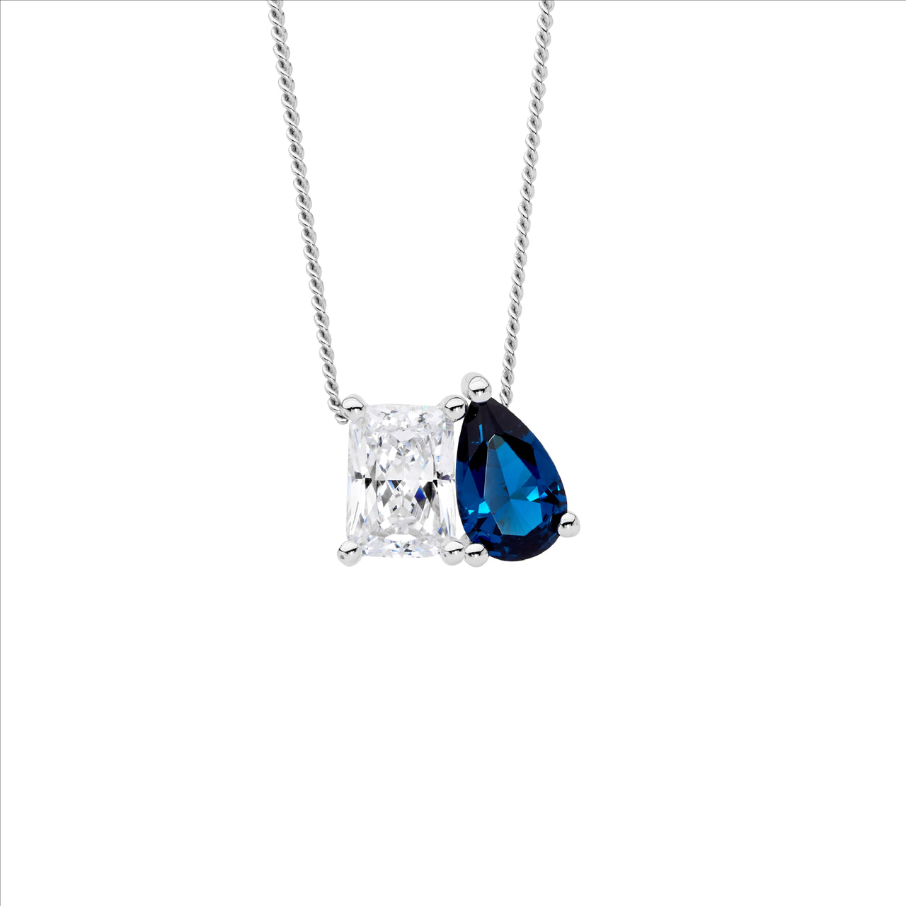 Sterling Silver White And Emerald Cut And London Blue Pear Cut Cubi Zirconia Pendant