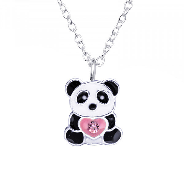 Sterling Silver Enamel Panda With Heart /Crystal And Chain