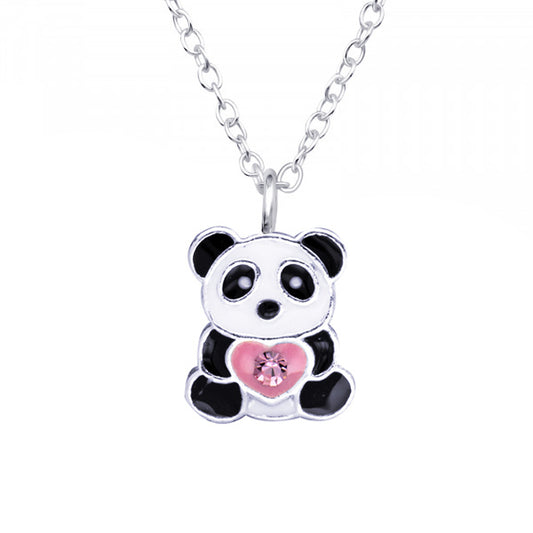 Sterling Silver Enamel Panda With Heart /Crystal And Chain