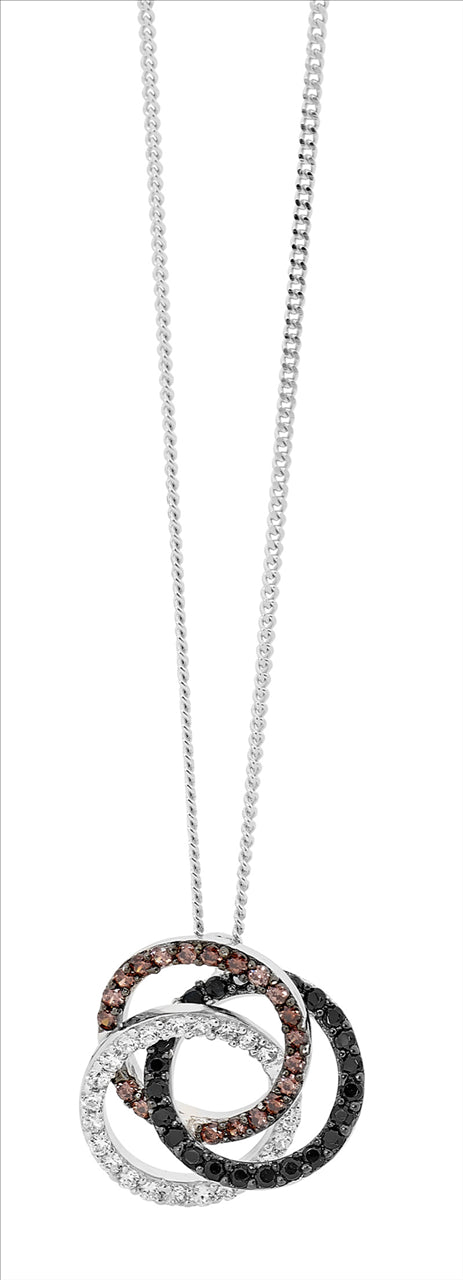 Sterling Silver White Brown And Black Cubic Zirconia Triple Linked Circle Pendant Small