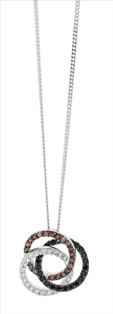 Sterling Silver White Brown And Black Cubic Zirconia Triple Linked Circle Pendant Small
