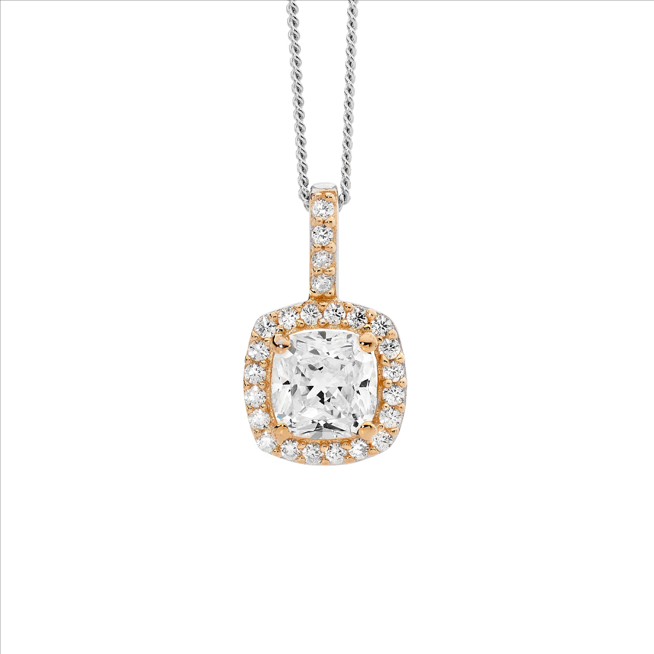 Sterling Silver White 6Mm Cushion Cut Cubic Zirconia Rose Gold Plated With White Cubic Zirconia Surround Outside Pendant