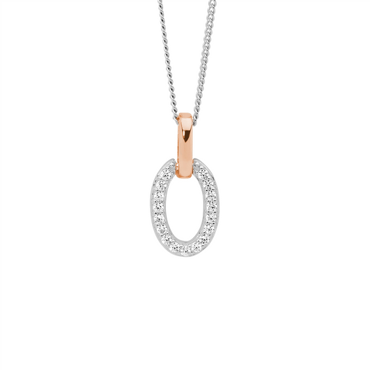 Ss Wh Cz Open Oval Pendant W/Rose Gold Plated Bale