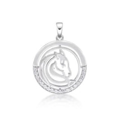 Sterling Silver 19Mm Round Horse Pendant With Cubic Zirocnia's