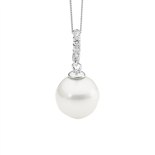 Sterling Silver Wh Cz Drop Pendant W/Round Wh Shell Pearl