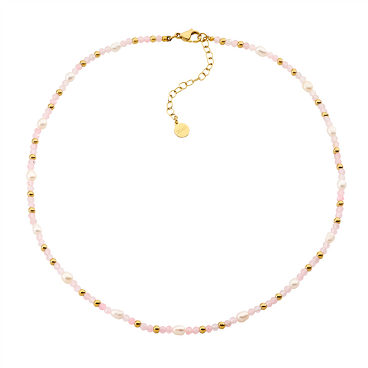 Stainless Steel Rose Quartz & Freshwater Pearl 40Cm Necklace W/Gold Ip Plating