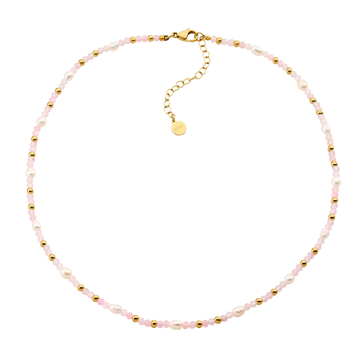Stainless steel rose quartz and freshwater pearl 40cm necklace with gold ion plating