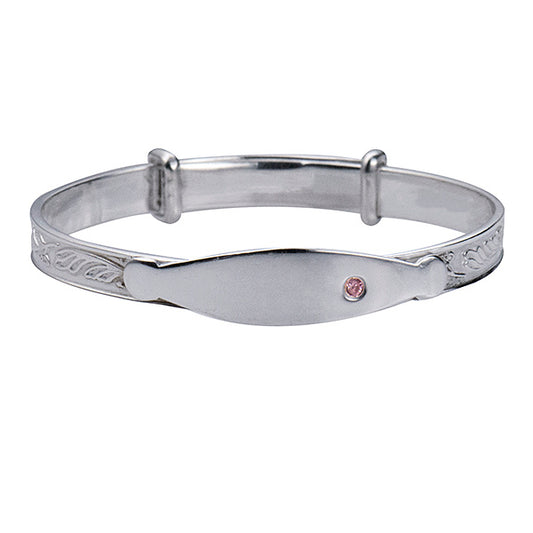 Sterling Silver Child Plate Bangle with Pink Cubic Zirconia