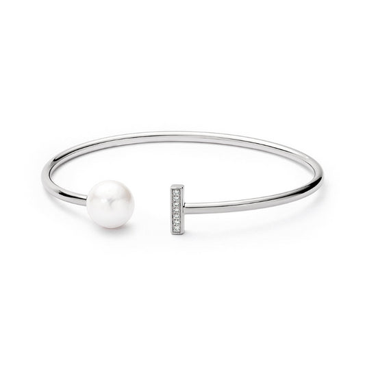 Sterling silver white edison 10.5-11mm freshwater pearl cubic zirconia bar bangle