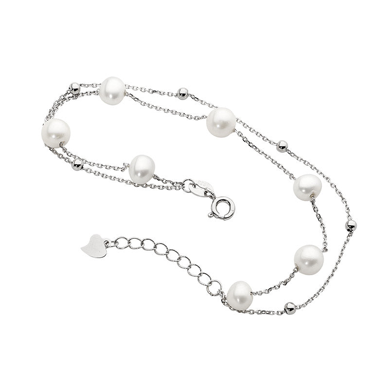 Sterling Silver Double Chain Bracelet With Freshwater Pearl And Ball Extension Chain