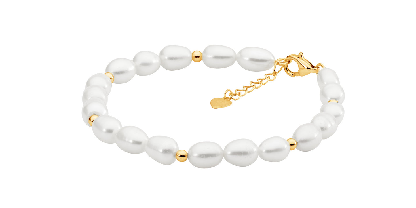 Sterling silver gold plated beads w/ freshwater pearl 17-18cm bracelet ext. chain - rrp $119