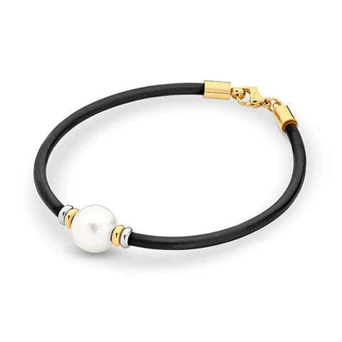 Stainless Steel Yg Plated Black Neoprene White Edison Near Round 11-12Mm Bracelet 19Cm