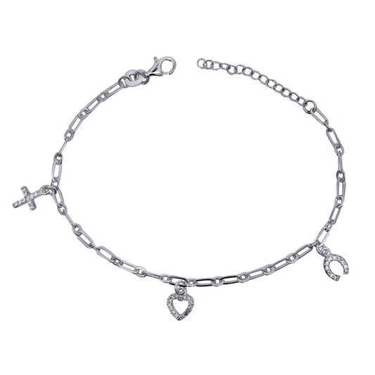 Sterling Silver Charm Bracelet Cubic Zirconia Cross Heart Horseshoe