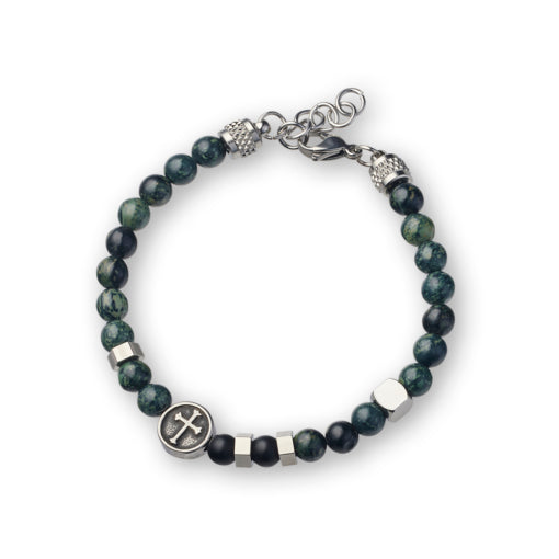 Blaze Mens Shiny Bead And Matte Black Agate Bead Bracelet With Stainless Steel