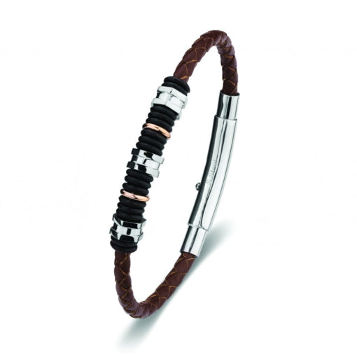Blaze Stainless Steel Mens Leather Bangle With Bead Detail