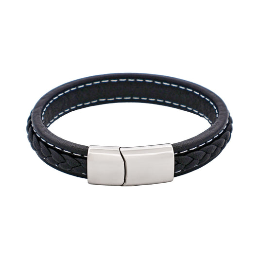 Savage - Black Stitched Leather/Stainless Steel Bracelet