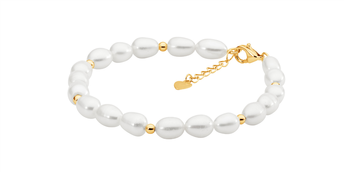 Stainless steel gold plated beads with freshwater pearl 17-18cm bracelet ext chain