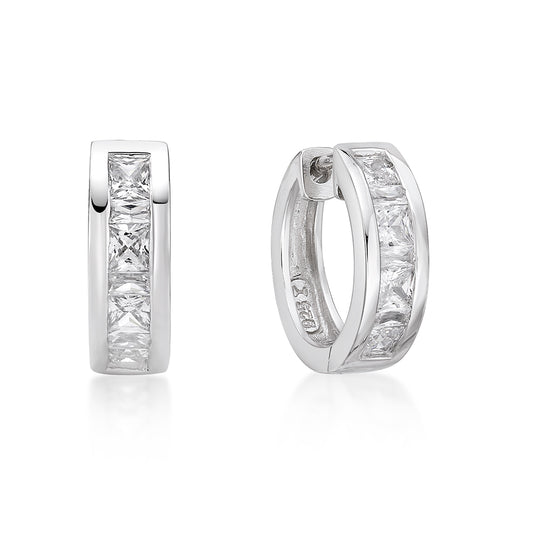 Sterling Silver Cubic Zirconia Rhodium Huggie Earrings