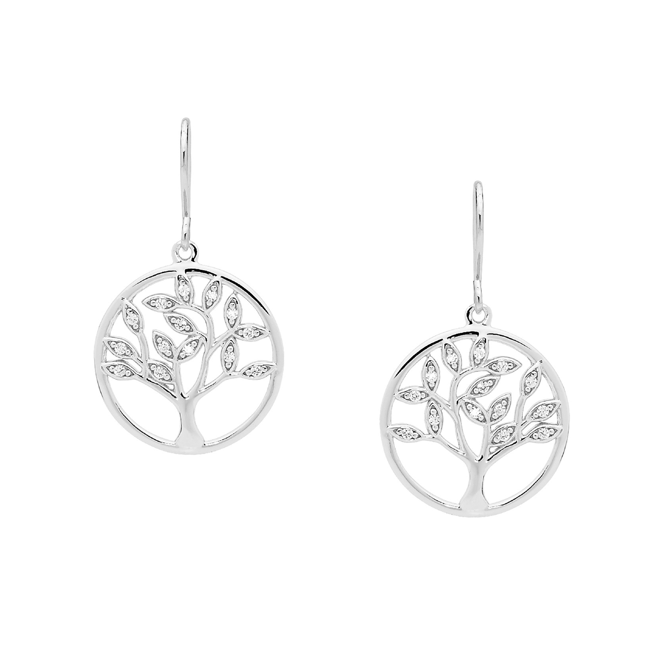Sterling Silver White Cubic Zirconia Tree Of Life Earrings