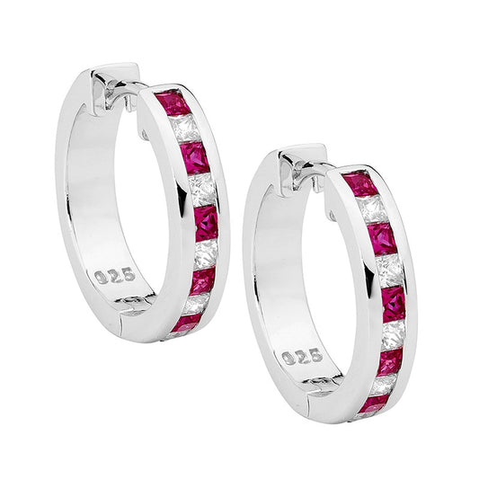 Elegant Sterling Silve rHoop Earrings Featuring A Striking Combination Of Red And White Cubic Zirconia Stones.