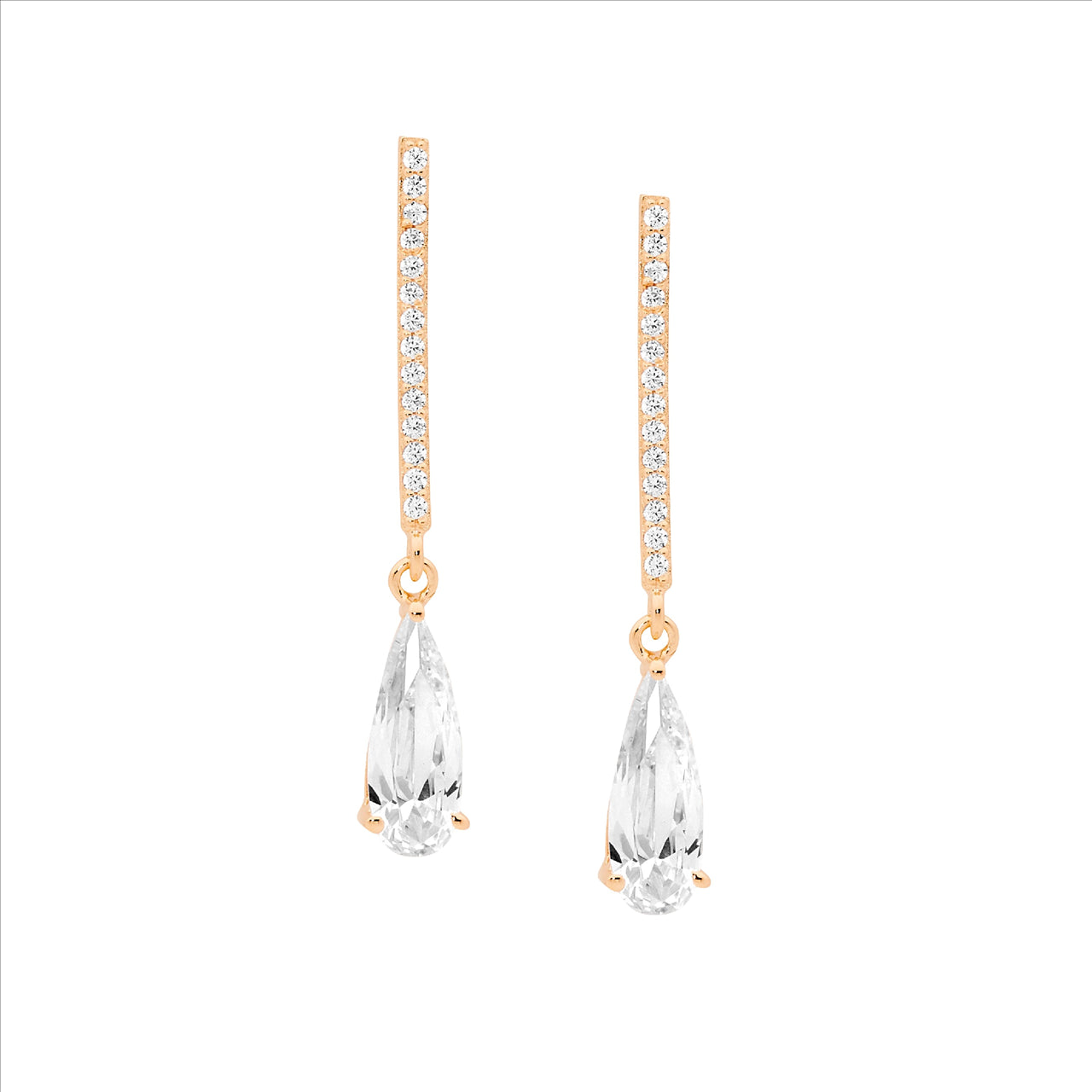 SS Sterling Silver Rose Gold Plated Drop Stud With Elegant Cubic Zirconia Tear Drop Earrings