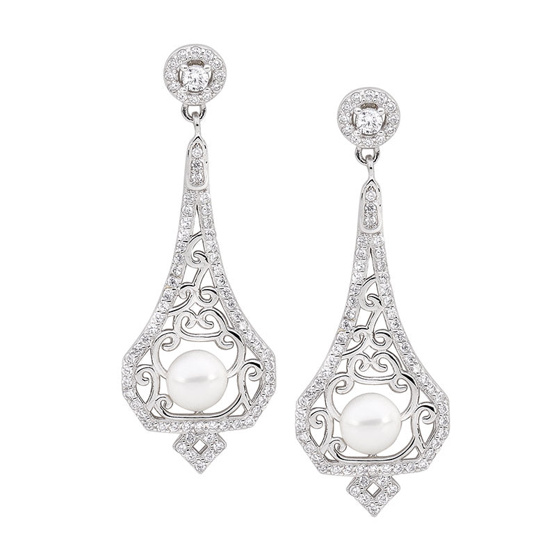 SS WH CZ Drop Filigree Earrings w/ Freshwater Pearl - RRP $139