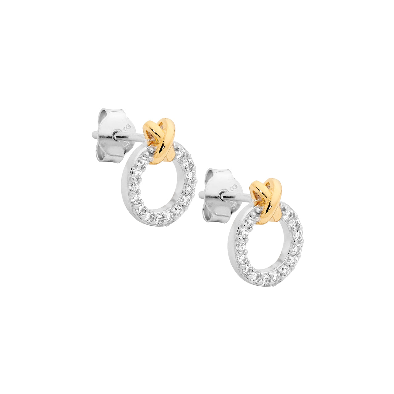 Sterling Silver Cubic Zirconia Circle Studs With Gold Cross Over At Top Of Earrings