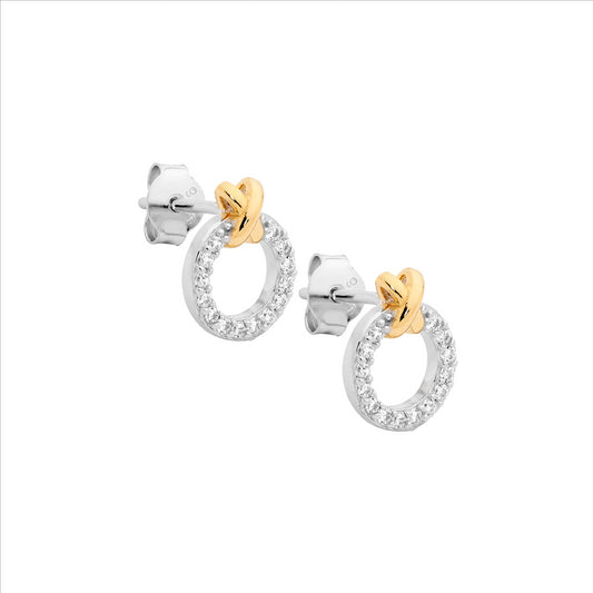 Sterling Silver Cubic Zirconia Circle Studs With Gold Cross Over At Top Of Earrings