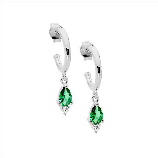 Sterling silver 13mm hoop earrings, green pear & wh round cubic zirconia drop - rrp $119