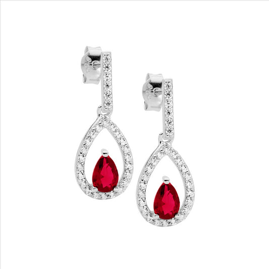 Sterling Silver Cubic Zirconia Open Pear White Red Cubic Zirconia Centre Drop Earrings