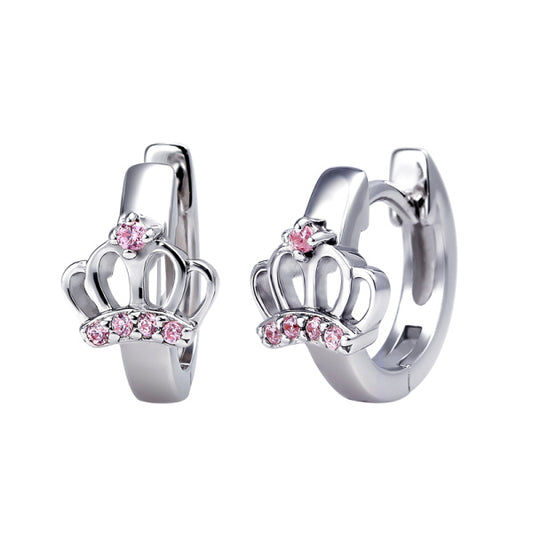 Sterling Silver Crown Huggies With Pink Cubic Zirconia