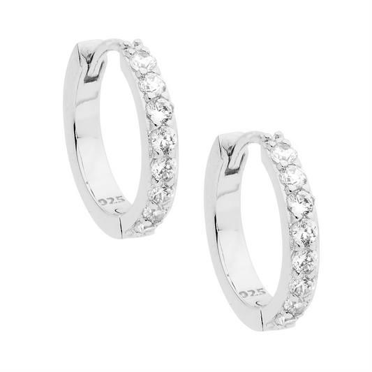 Sterling Silver White Cubic Zirconia Single Row 15Mm Huggie Earrings
