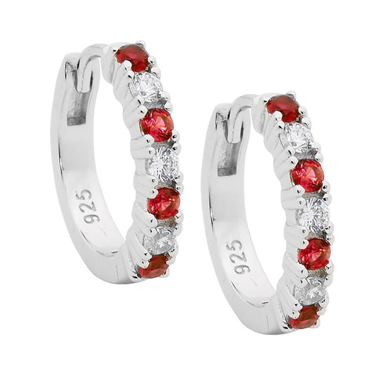 Sterling Silver 14Mm Huggie Earrings With Red And White Cubic Zirconias
