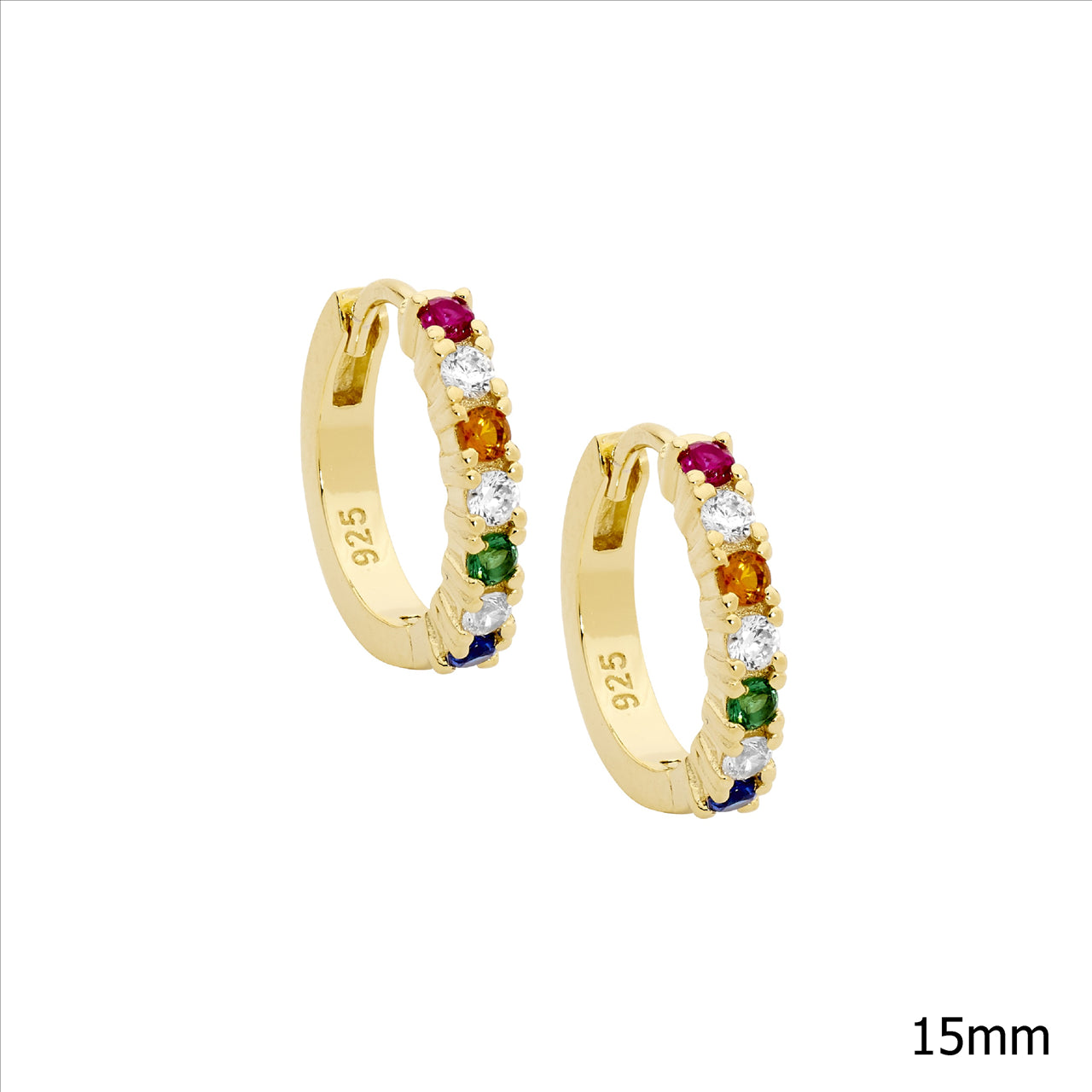 Sterling Silver Gold Plated White And Multi Coloured Cubic Zirconia 15Mm Huggies